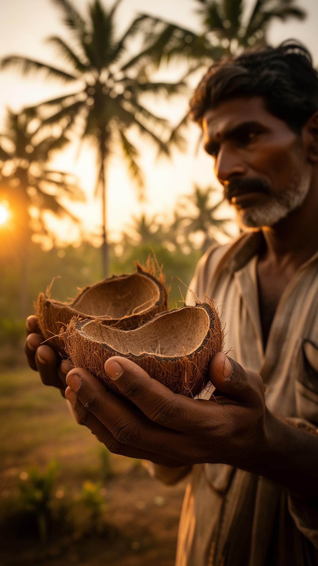 South Indian farmer holding coconut shells at sunset
